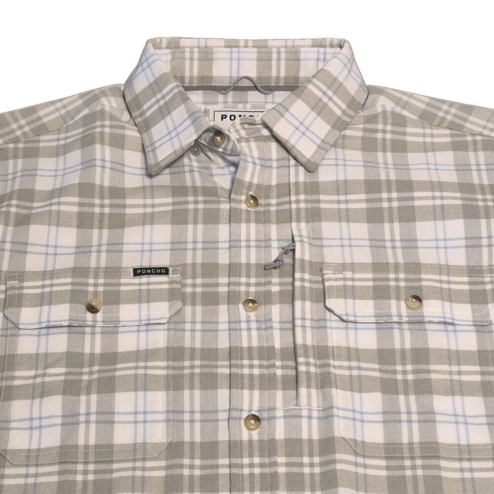Poncho Flannel Shirt Men Size Medium White Gray Blue Plaid Magnetic Pockets